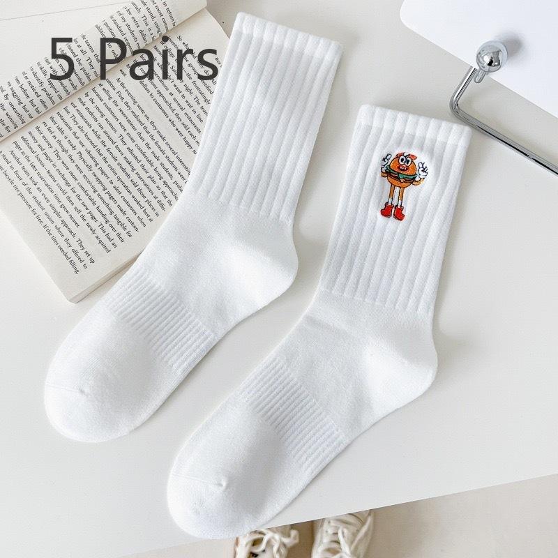 5 perechi de șosete absorbante de transpirație cu design de desene animate, pentru bărbați și femei, cu tub mediu lung, brodate