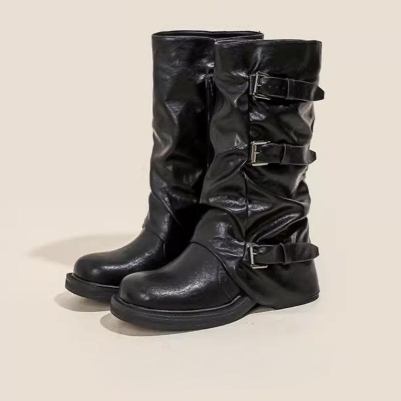 Soft Leather~ Wasteland Wind Boots Women's Black Vintage Pleated Pile Boots Martin Boots Belt Buckle Medium Pants Tube Boots Tide