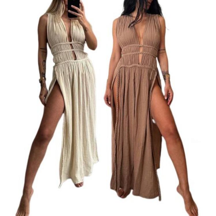 Vacation Beach Summer Maxi Dress Bohemian Style Deep V Neck Sleeveless Hollow Out Pleated Split Lace-up Belted Waist Long Dress