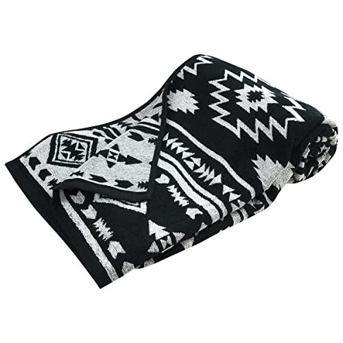 Rivere Single Towel Blanket, 100% Egyptian Cotton, Ortega Pattern, Jacquard Weave, Summer Sofa Cover (Black)