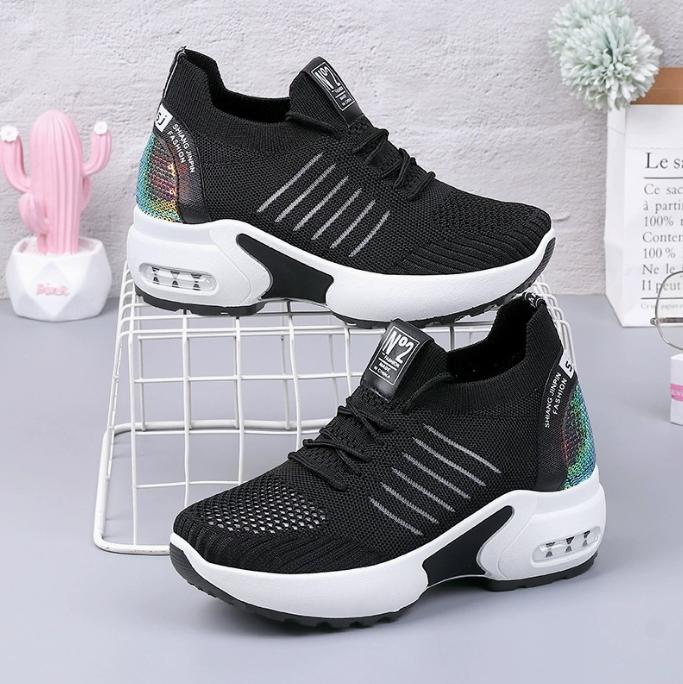 2025 Women's Sneakers Spring Sequined Casual Shoes Woman Platform Heels Wedges Height Increasing Knitted Ladies Vulcanized Shoes