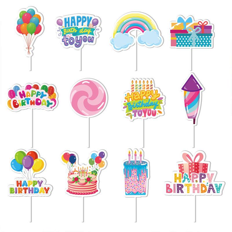Cake Birthday Happy Toppers With Paper Flags For Party Decoration Set Of 12