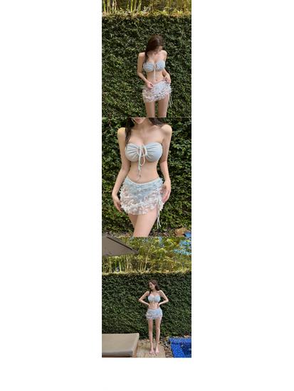 Strapless Cutout Bikini with Mesh Skirt - Slimming Three-Piece Swimsuit for Summer & Hot Spring Vacations