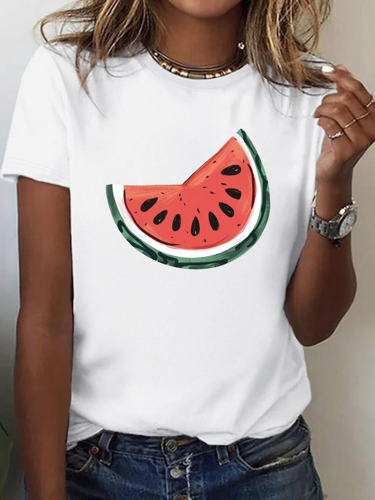 Womens with HandDrawn Watermelon Slice Graphic Harajuku Short Sleeve Casual Clothing Street Tops Tees Aesthetic Clothes