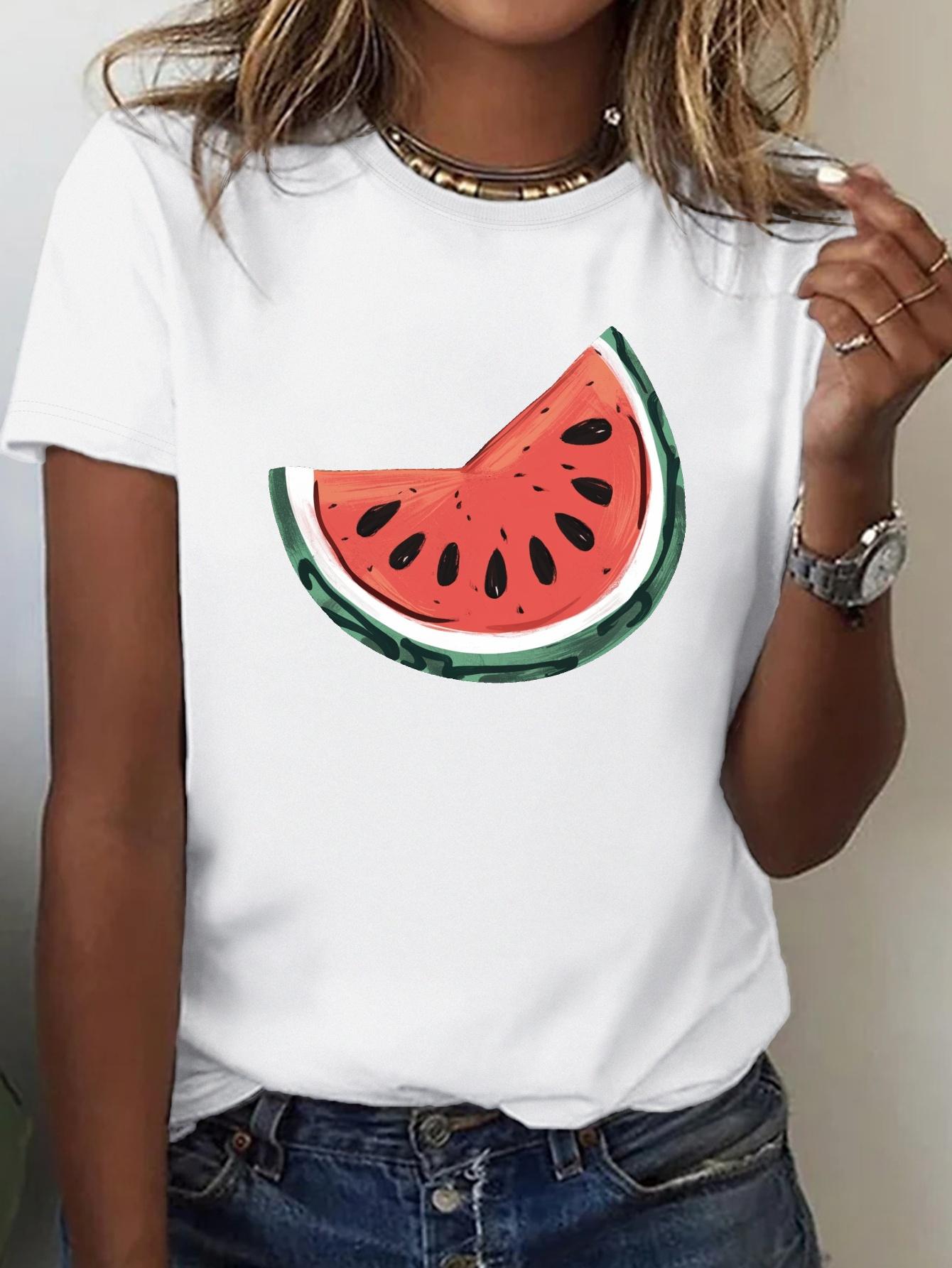 Womens with HandDrawn Watermelon Slice Graphic Harajuku Short Sleeve Casual Clothing Street Tops Tees Aesthetic Clothes S