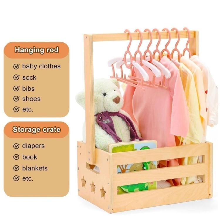 Wooden Baby Clothes Organiser Basket Easy Assembly Long Handle Wood Storage Crate Handmade Gift For New Parents