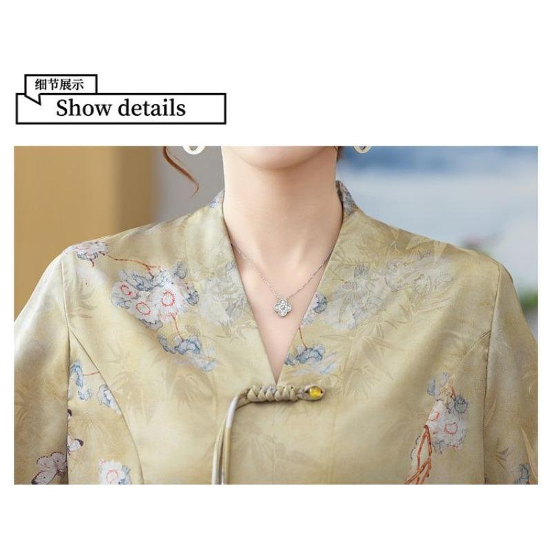 Damen Bluse im chinesischen Stil mit Blumendruck, Halbarm, Froschknöpfen, Lässiges Oberteil