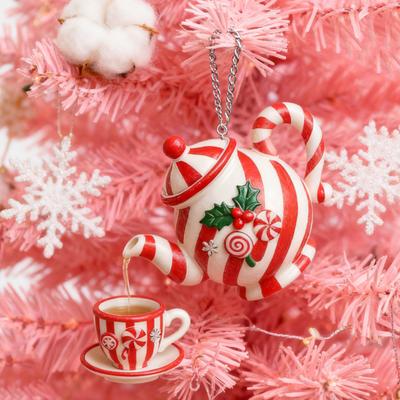 Yousheng Christmas Teapot Ornament Holly Vintage Tea Cups And Pot Set Xmas Tree Hanging Ornaments 2D Acrylic Teapot Decor with Pouring Tea Effect