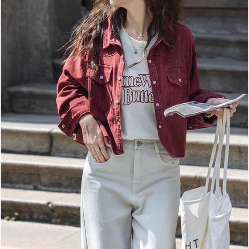 Encore Rote Jeansjacke, Herbst Kleine Vielseitige Moderne Revers Kurze Jacke für Damen