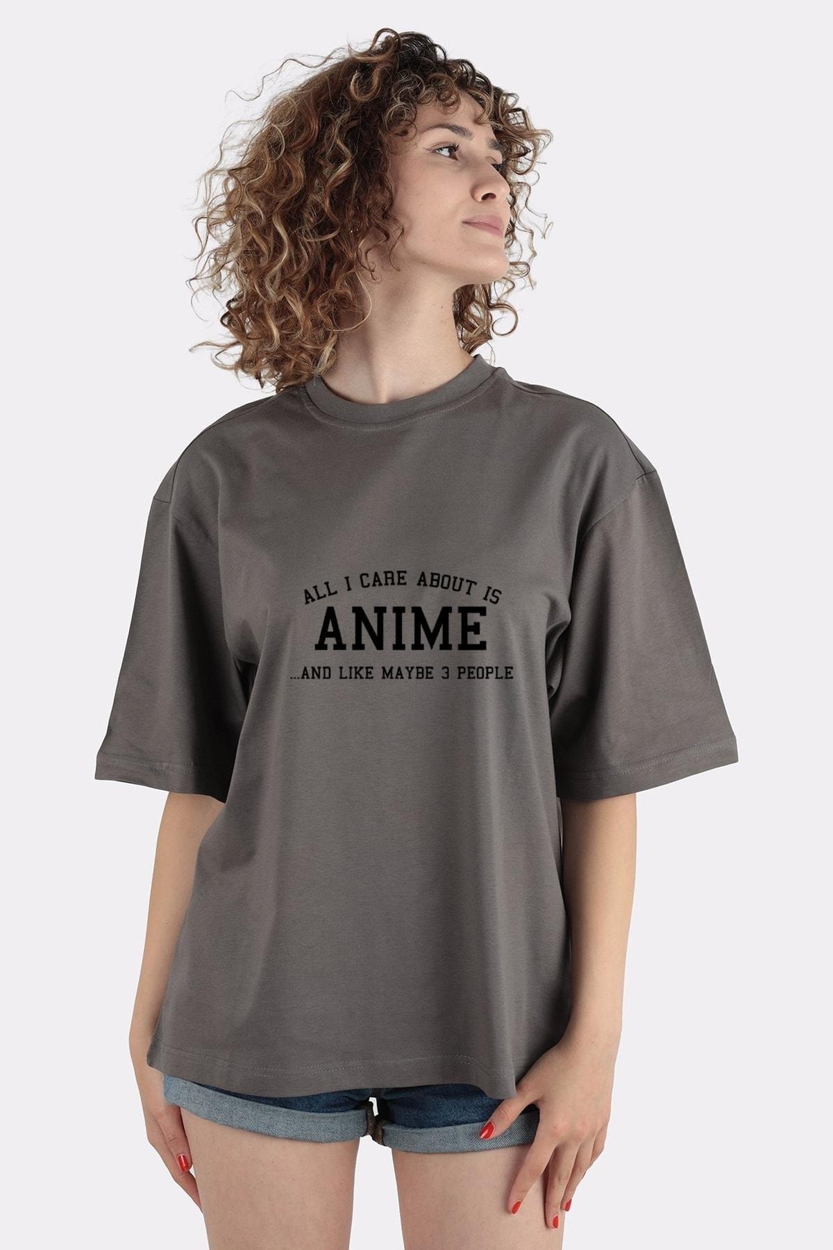 

Füme %100 Pamuk Bisiklet Yaka Oversize T-shirt All I Care About Is Anıme And Like Maybe 3 People