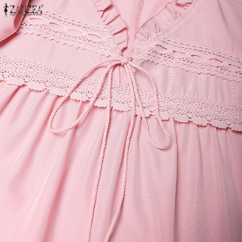 ZANZEA Women Casual Round Neck Elegant Lace Patchwork Short Sleeve Long Dress