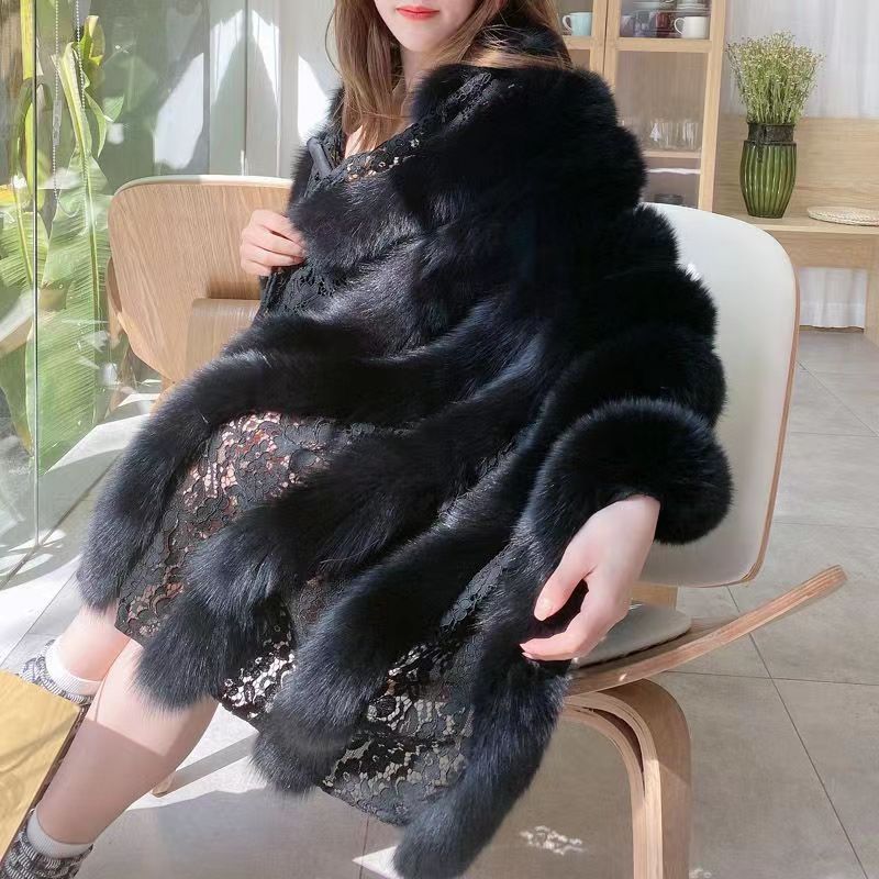 

Осень и Зима Экологичная Шаль из Лисьего Меха на Кружеве Средней Длины Пальто из Меха Социальной Львицы для Маленькой Леди Женское one size