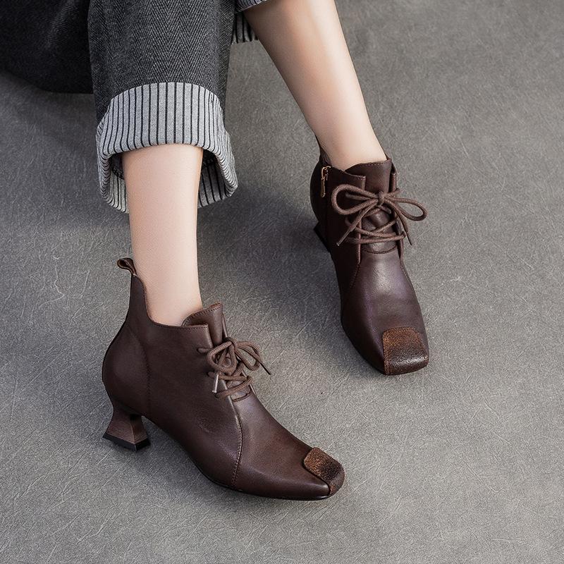 GKTINOO Women Genuine Leather High Heels Autumn Winter Ankle Boots Square Toe Zipper Elegant Short Boots Women's Shoes