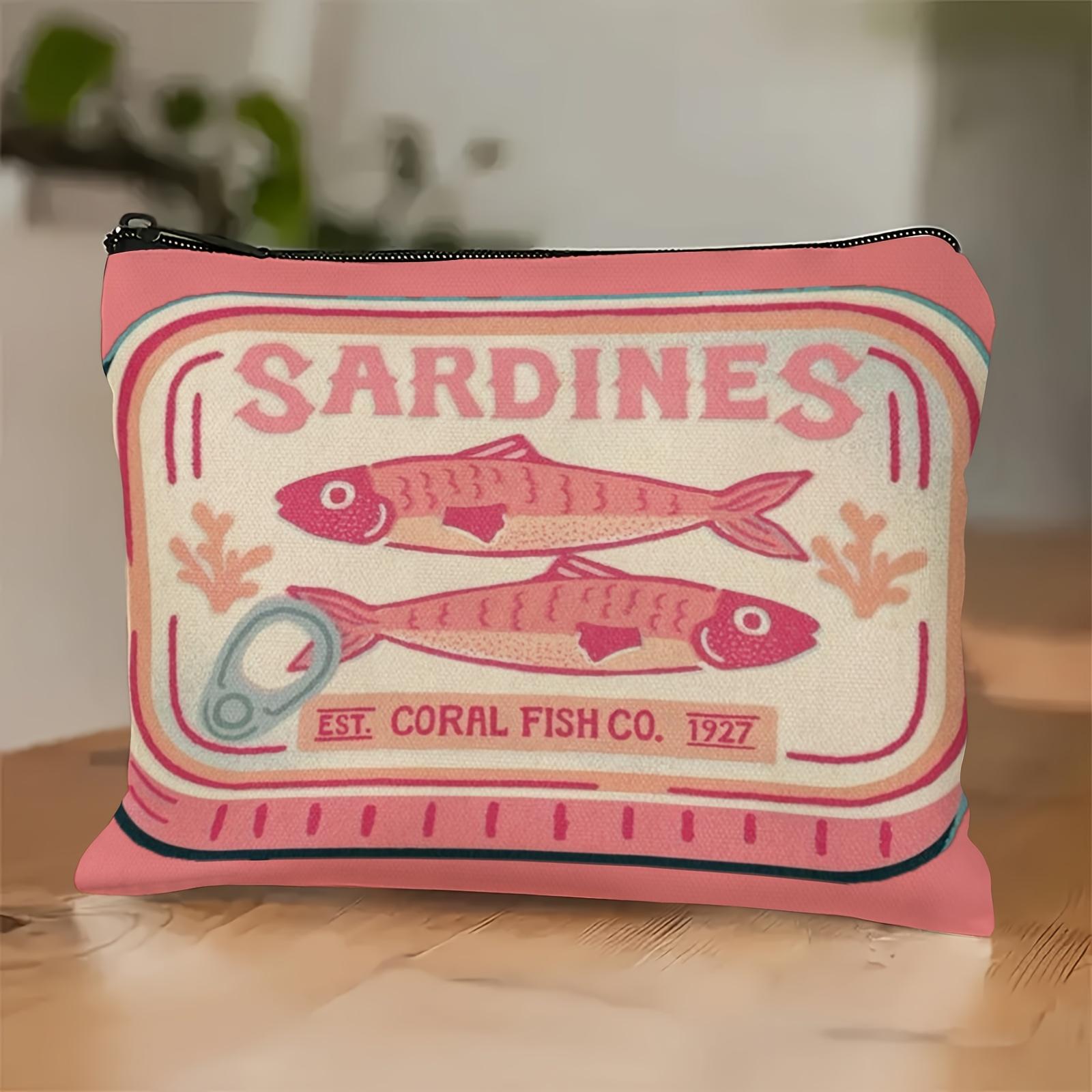 1 pièce Pochette zippée Sardines Fantaisistes Imprimé Rose, Pochette Cosmétique Sardines Rétro Unisexe Adulte Mini Sac de Maquillage, Trousse à Crayons 18x25cm