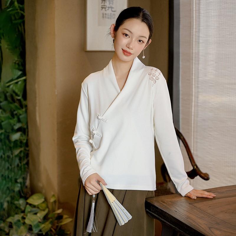 Johnature Damen Chinesischer Stil Strickshirts Tops V-Ausschnitt Langarm Stickerei Floral Herbst Weich Knopfblusen
