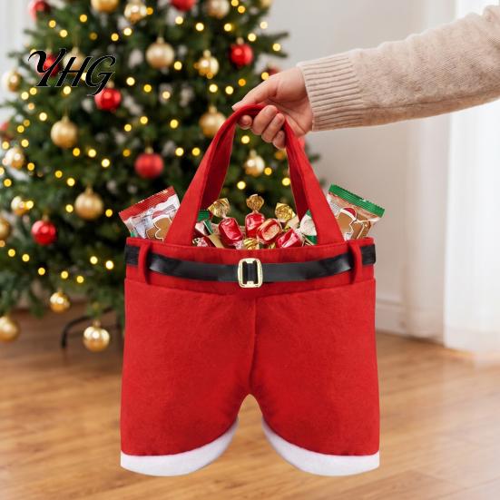 Christmas Tree Hanging Decor Santa Pants Gift Bag, Red Plush Candy Tote with Handles Soft Velvet Style Bags for Wine Bottle, Holiday Party Favor