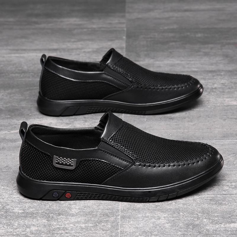 Summer New Breathable and Versatile Black Trend Leather Sports Soft-soled Shoes Mesh Men's Leather Shoes Casual Running Shoes