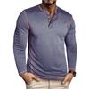 Men Henley Collar Contrast Stitching Long Sleeve Solid Color Slim Casual Button T Shirt