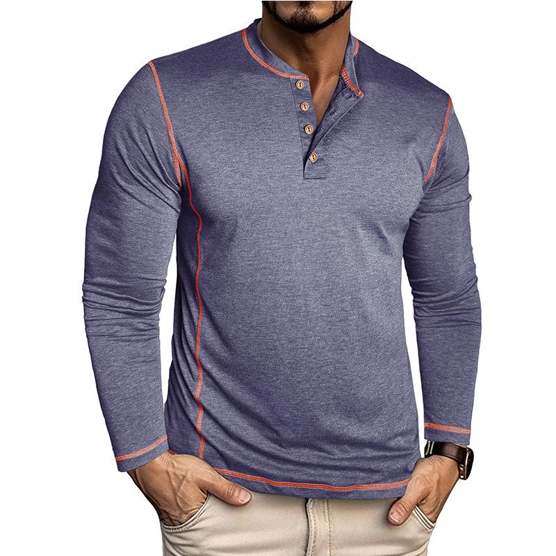Men Henley Collar Contrast Stitching Long Sleeve Solid Color Slim Casual Button T Shirt