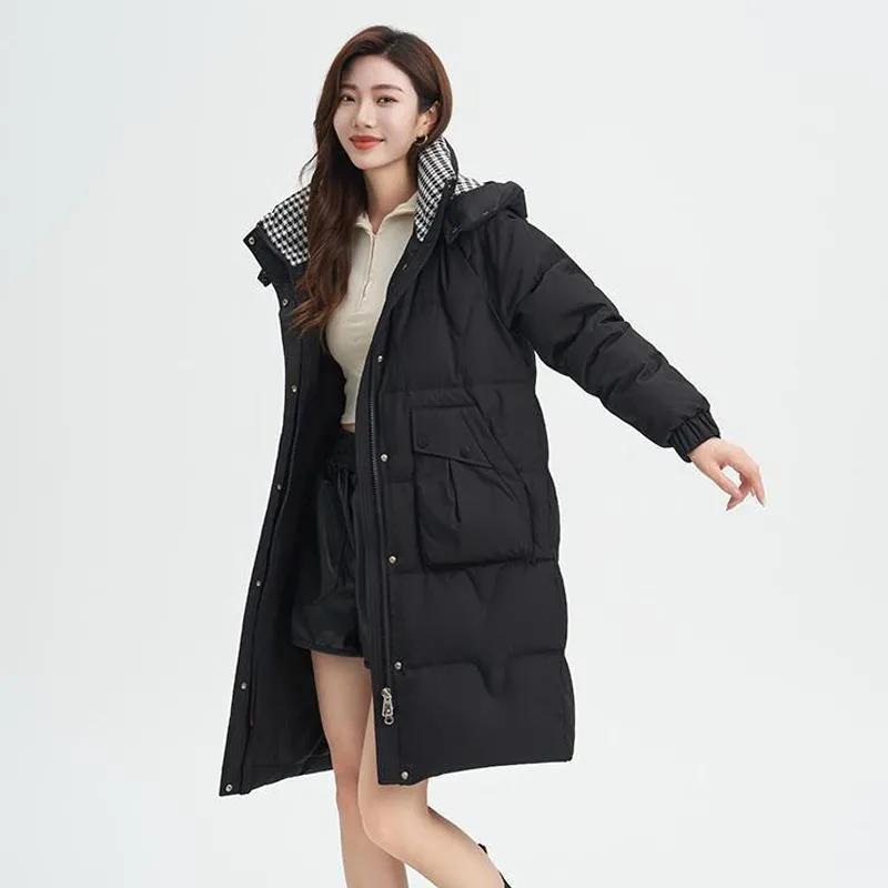 Damen Winter Mittellanger Kapuzenkragen Verdickte warme Jacke Einfarbig Lockere Freizeitjacke