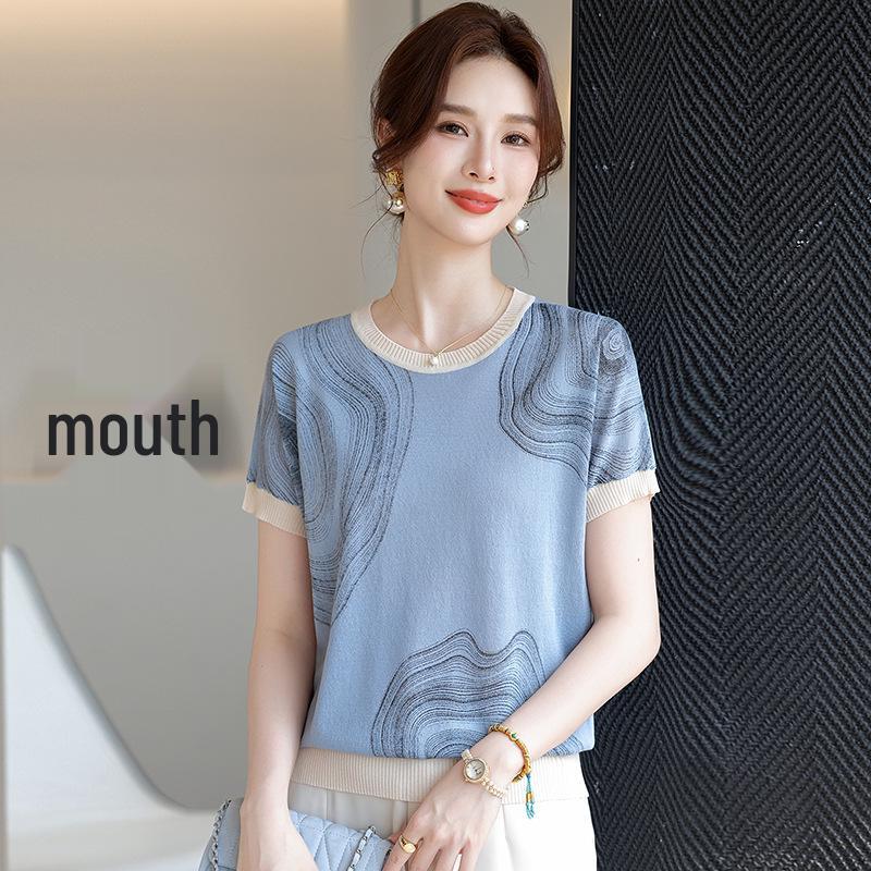 

Plus Size Ice Silk T-shirt for Middle-Aged Women: Stylish Short-Sleeved Knit Top 2XL (110-120 lbs) синий