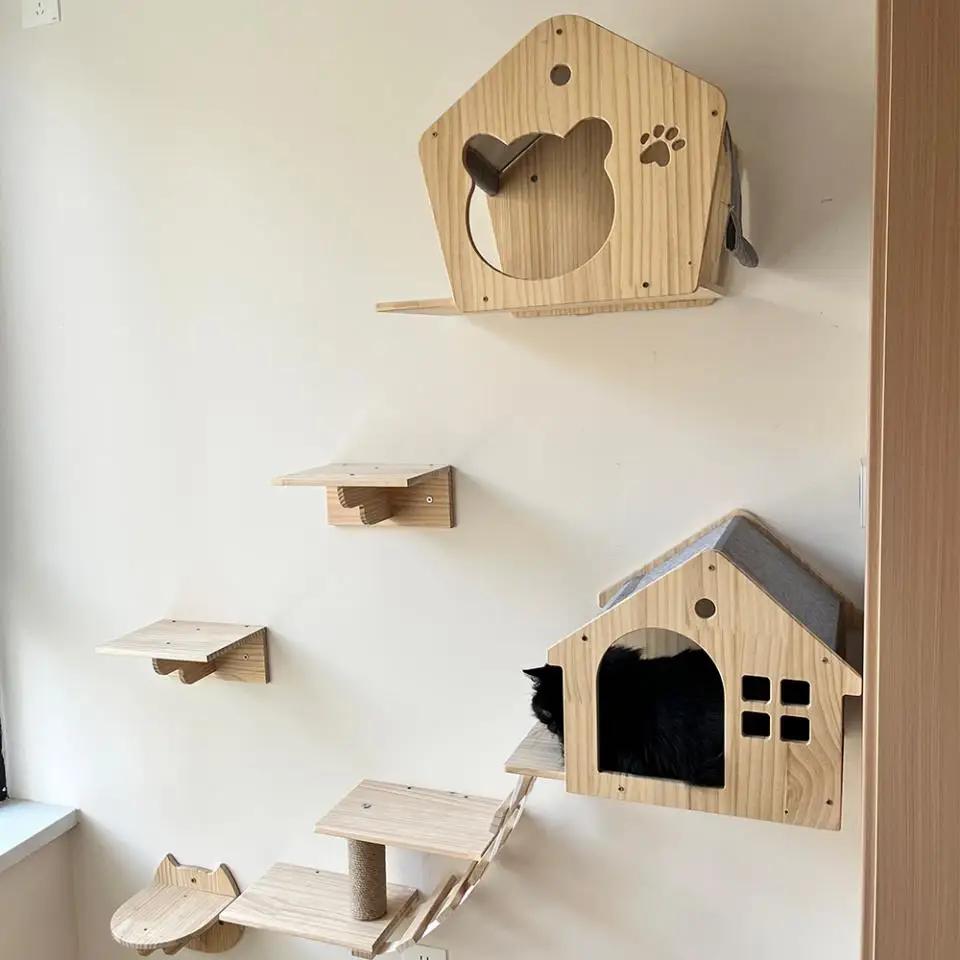 Cat Wall Furniture Wall-Mounted Cat Climbing Frame Tree Tower Plush Hammock House Sisal Scratching Post Indoor Cats Playground