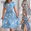 Spring Summer Casual V-neck Button Bat Sleeve Flower-patterned Dress for Women