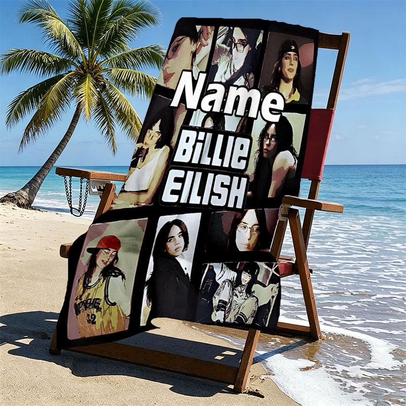 Custom Name Personalized Billie Eilish Print Beach Towel, for Trip Camping Beach Party Home Decor, Birthday Gift for Family & Friends