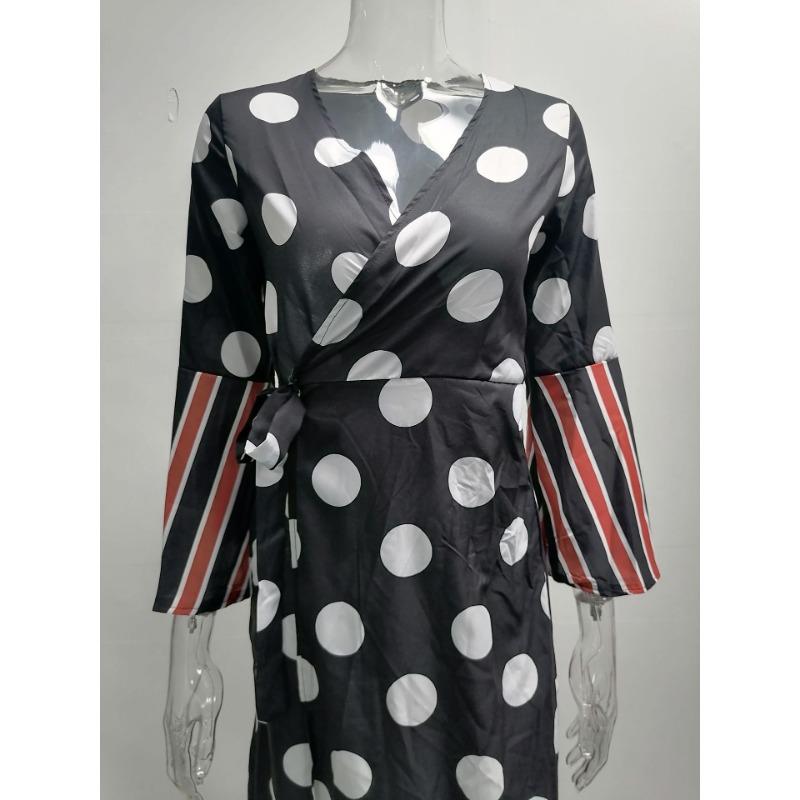 Spring and Autumn Women's Dress Long Sleeve Strappy V-Neck Printed Dresses