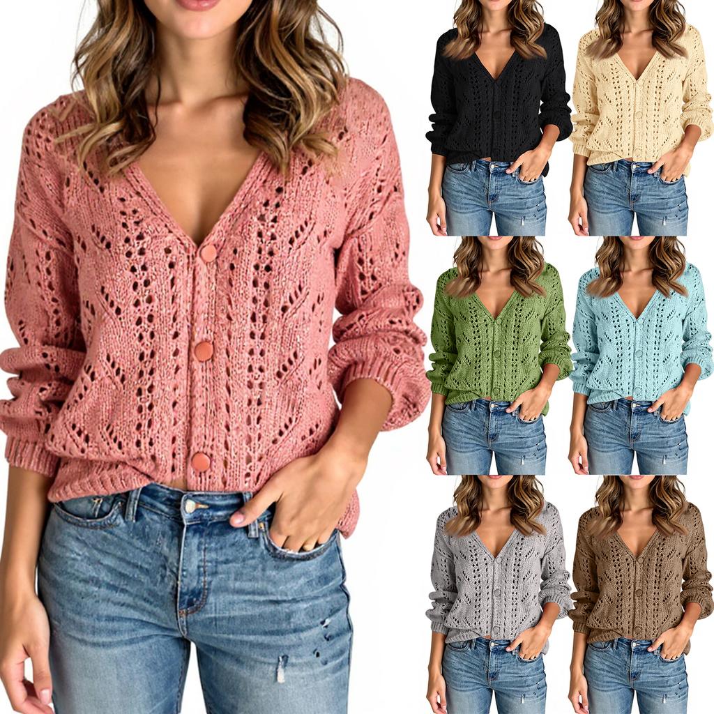 Women's Solid Color Long Sleeve Cutout V-Neck Knitted Cardigan Sweater