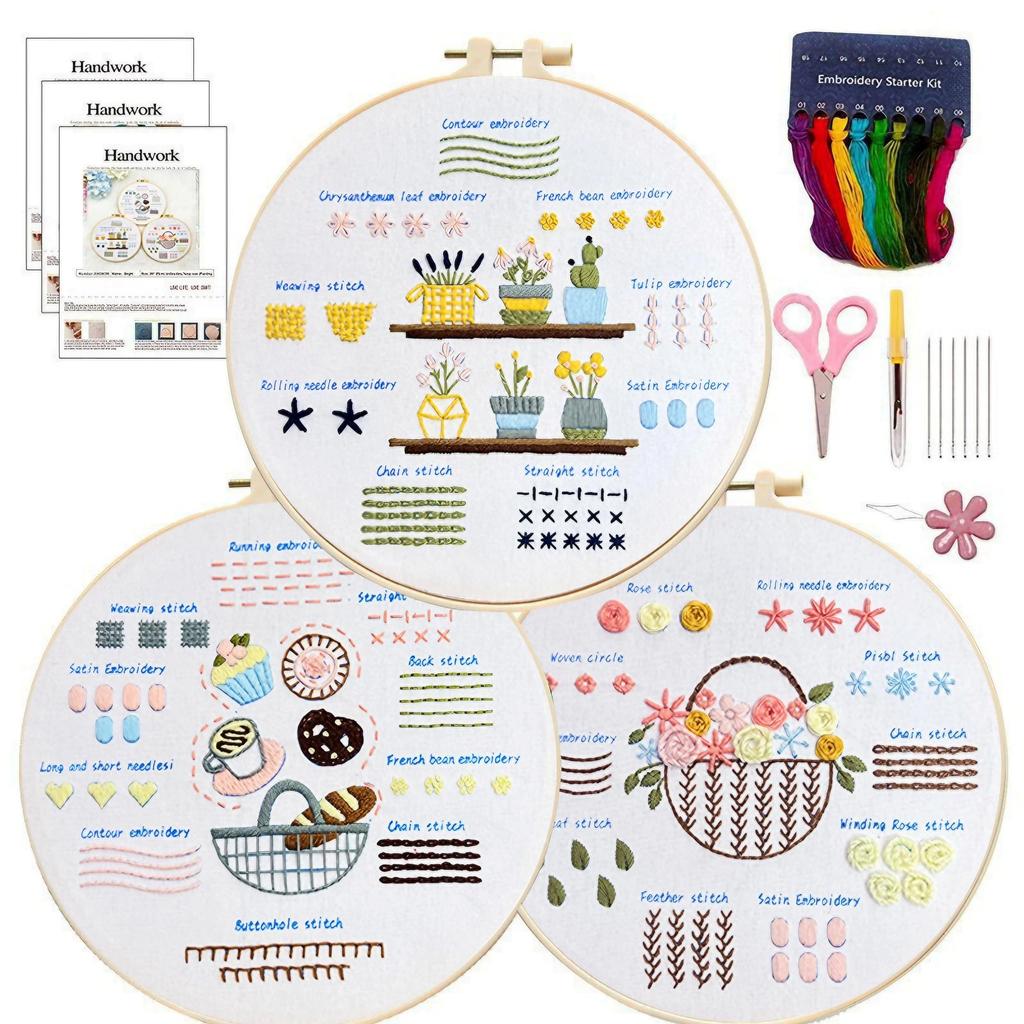 East Leaf Embroidery Kit for Basic Stitch Practice Set Includes Japanese Printed and Tools Beginners (8 Pieces), Instructions, Fabric, (Flower)