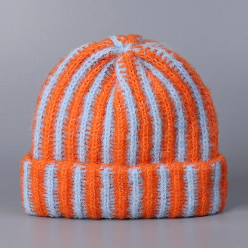 

Korea 2025 Autumn and Winter New Korean Feather Yarn Striped Wool Beanie Cap Women Showing Face Small Cold Knitted Cold Hat Men 56-58cm бежевый