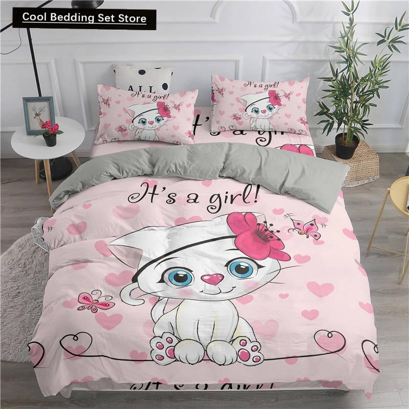 Cartoon Bedding Set Cute Cats Printed 3D Duvet Cover Set Twin Full Queen King Double Sizes Pillowcase Bedclothes Soft Polyester