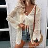Women V Neck Long Sleeve Hollow Out Knit Cardigan Sun Protection Beach Cover Up Outerwear