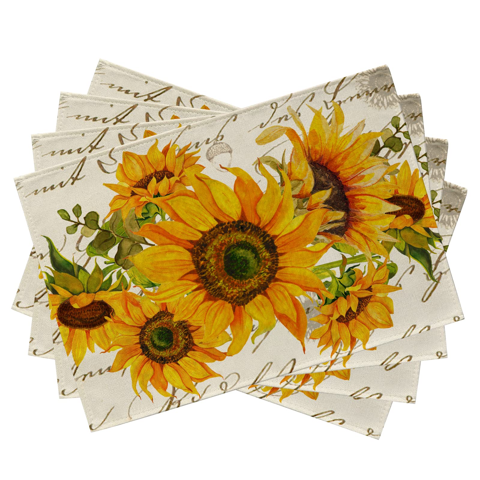 

Fall Sunflower Placemats Set of 4, Spring Summer Yellow Floral Flowers Rustic Vintage Dining Table Place Mats, Eucalyptus Leaves Seasonal Kitch 4Pcs-12 X18