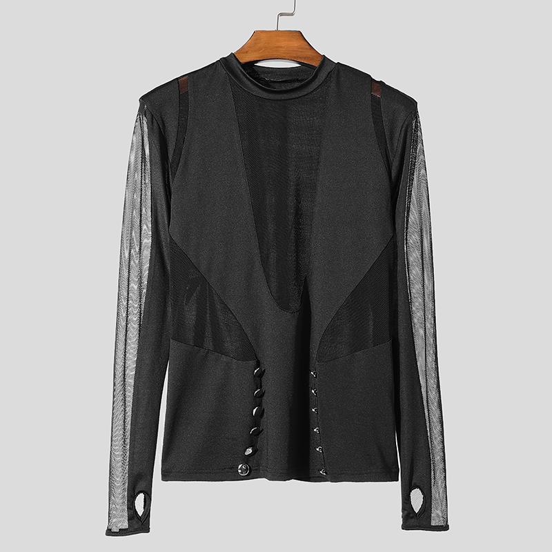 

INCERUN Мужские обтягивающие прозрачные топы с длинным рукавом, сетчатые футболки в стиле пэчворк для вечеринок M