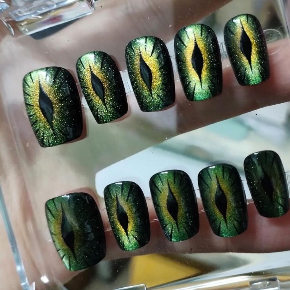 10Pcs Green Cat Eye Short Press On Nails Handmade Punk Fake Nail Tips Acrylic False Nails