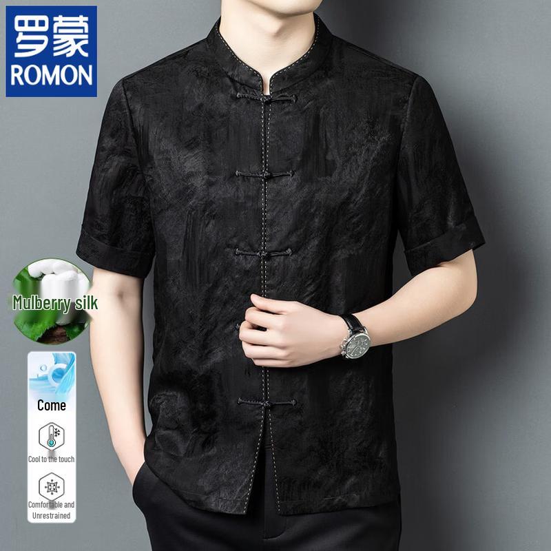 ROMON Men s Chinese Style Xiangyunsha Silk Short Sleeve Shirt 2XL чёрный