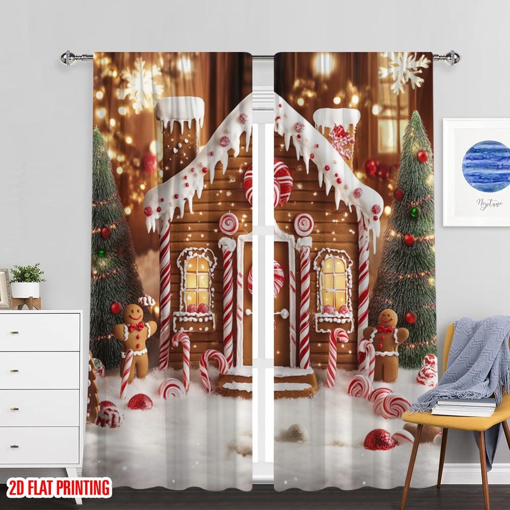 Flat Printingchristmas Winter Curtains Gingerbread House Merry Xmas Snow Tree Eve Party Snowflake Suitable Bedroom Curtain Set Of 2 Made Polyester
