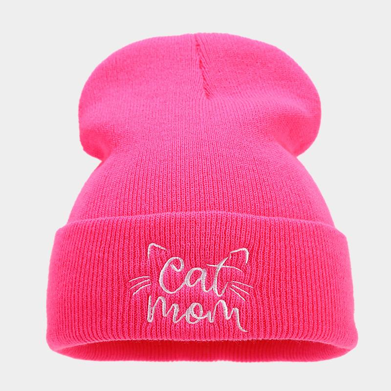 New Cute Cat Mom Embroidery Simple Pile Hat Women's Autumn and Winter Fashion Warm Wool Hat Light Mother Hat