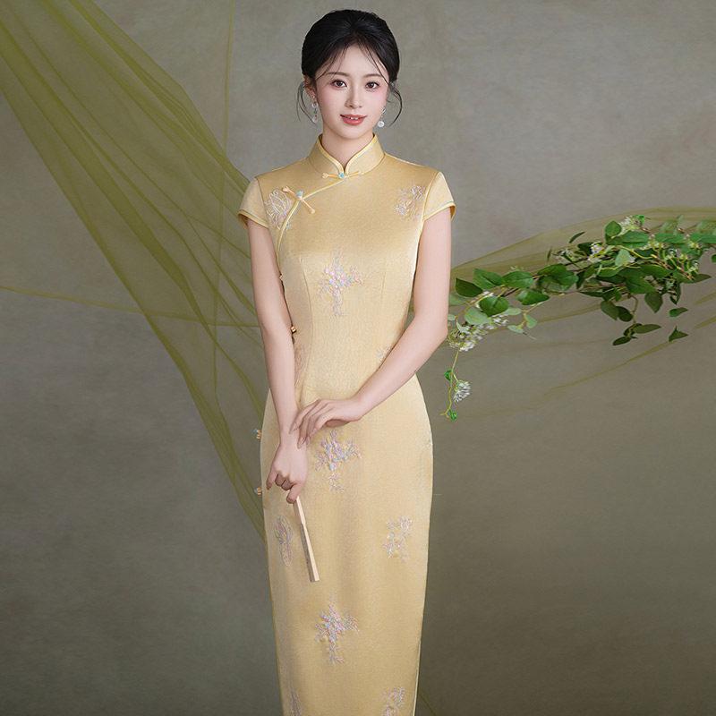Embroidery Yellow Sleeveless National Style New Chinese Style Suzhou Long Cheongsam Improved Young 1011 New Women's High Sense