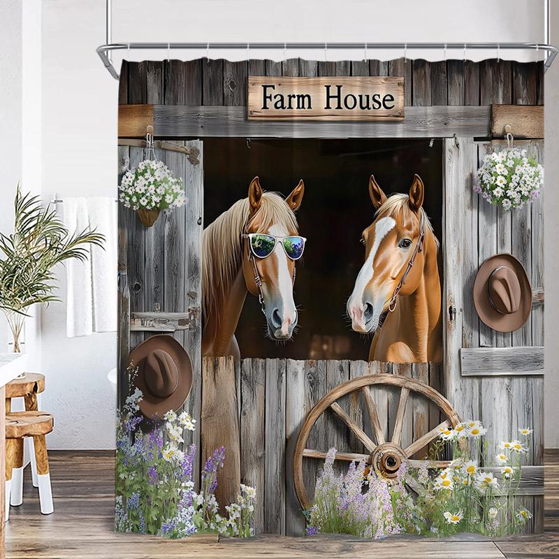 Western Barn Horse Shower Curtains Sunflower Lavender Floral Farmhouse Wooden Door Farm Animal Bathroom Curtain Decor with Hooks