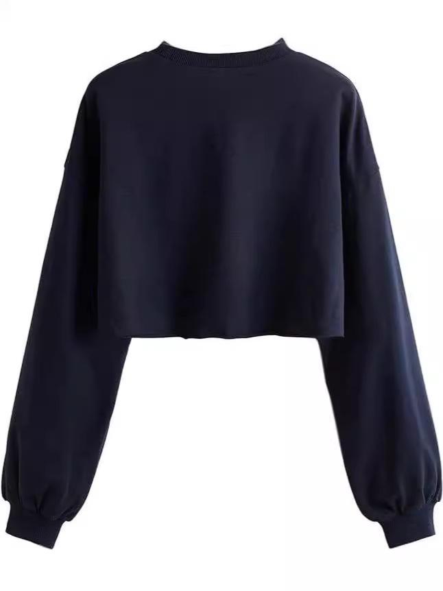2024 Autumn/Winter Women's Solid Color Plus Velvet Loose Round Neck Short Hoodie