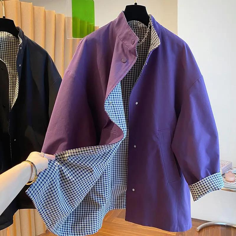 Women's Spring and Autumn Plus Size Plaid Temperament Jacket Casual Windbreaker.