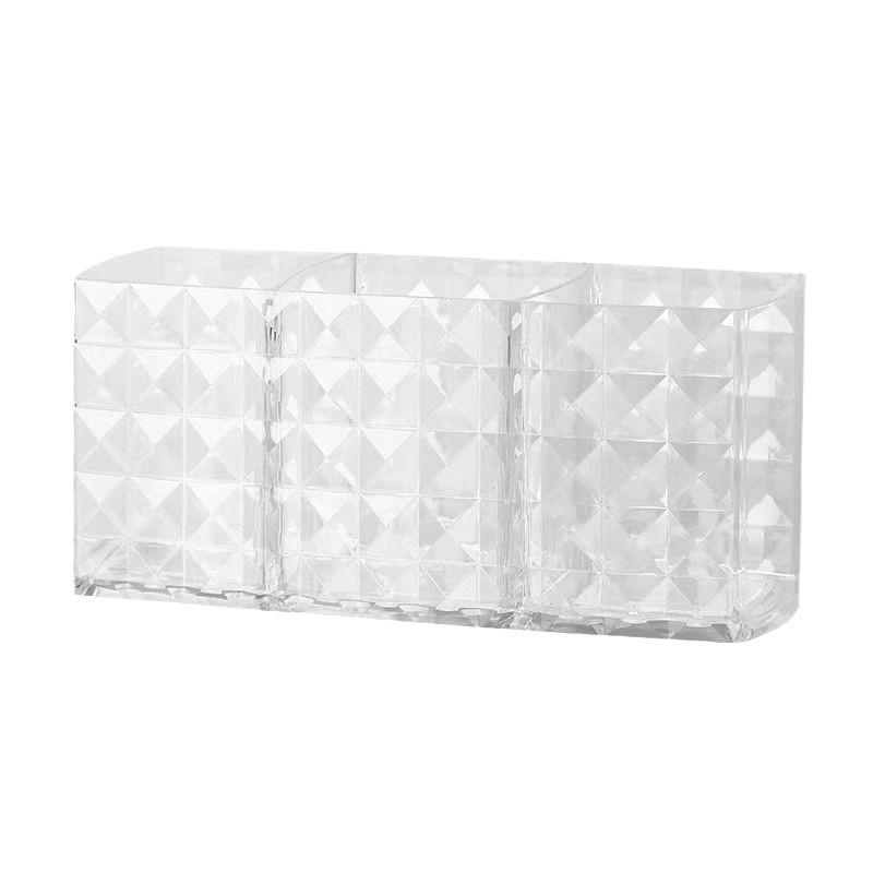 PS Material Diamond Pattern Cosmetic Storage Box with Three Compartments - Transparent Makeup Pencil Holder