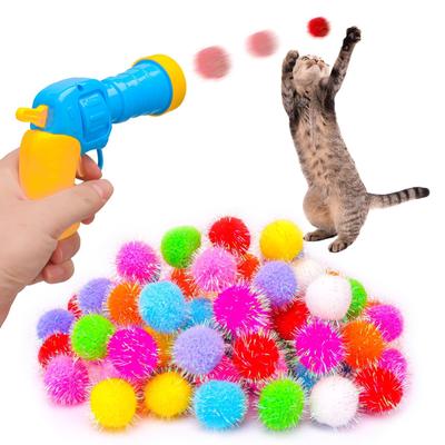 Pet Toys, Interactive Cat Toy Set, 80pcs Glitter Pom-Poms Cat Ball Toy with 1 Launcher, Safe Soft Cat Toy Balls for Fetch, Training, Playing