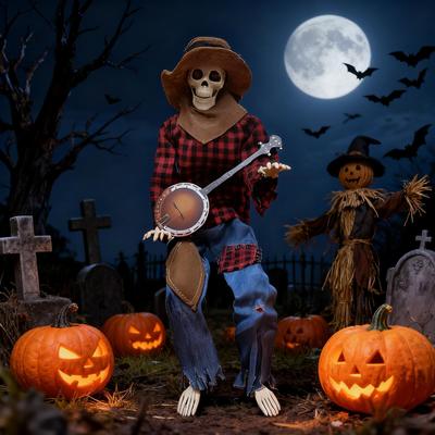 Halloween Kostra Animovaná Banjo Kostra Kloubová Nastavitelná Hudební Rekvizita Se Svítícíma Očima Pro Vnitřní Venkovní