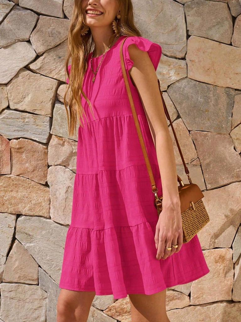 Womens Ruffle Sleeve Mini Dress Loose Fit Babydoll Summer Beach Sundress