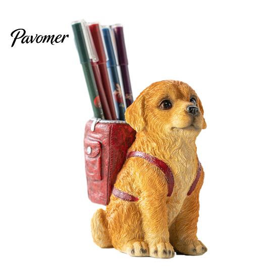 Hand Painted Dog Stationery Holder Golden Puppy Backpack Pen Holder, Cute Animal Storage Ornament, Resin Desktop Organizer, for Office And Study Craft