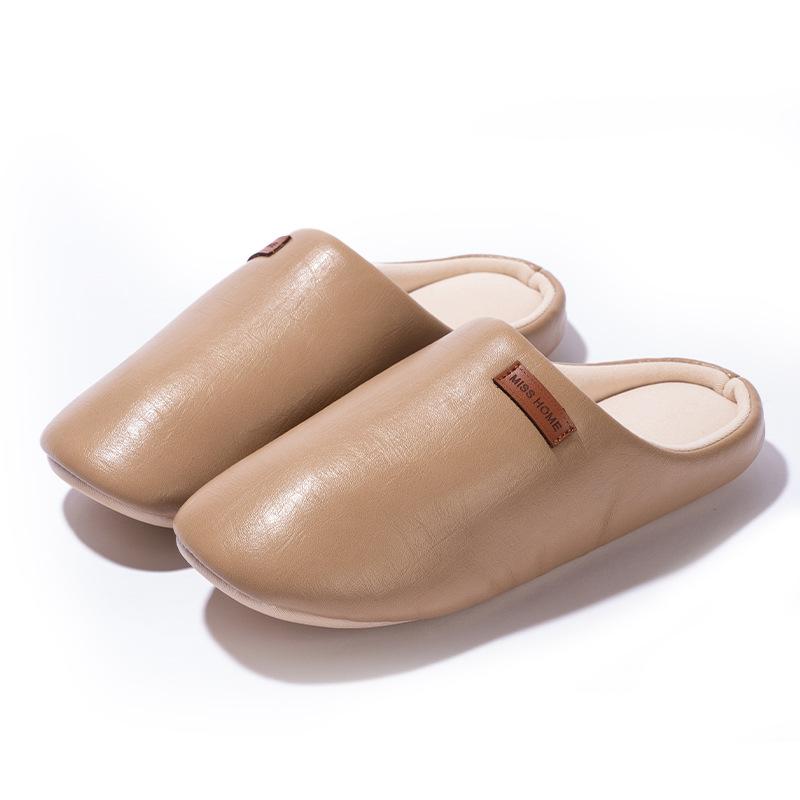 New Japanese-style PU leather silent home slippers autumn and winter couple home velvet warm non-slip cotton slippers